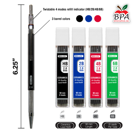 Bazic • Lápiz mecánico para dibujo 2.0mm (Incluye sets de minas: HB, 2B, 4B Y 6B)